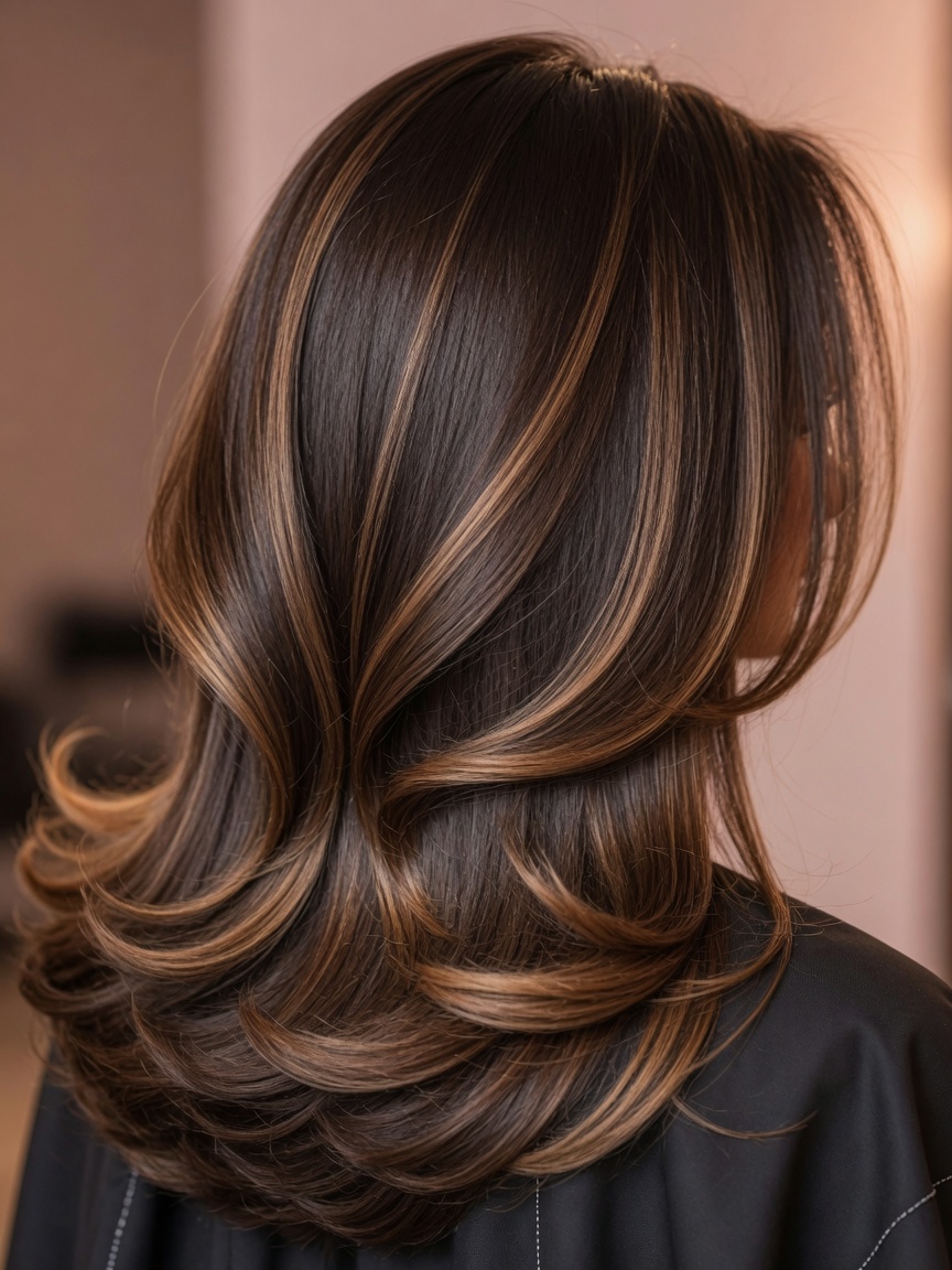 Balayage — ciepłe refleksy na brązowych włosach